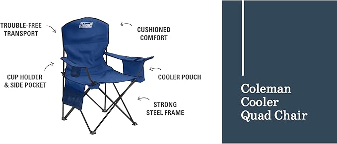 Camping Chair, Blue Folding Design with 4-Can Cooler and 325 lb Capacity