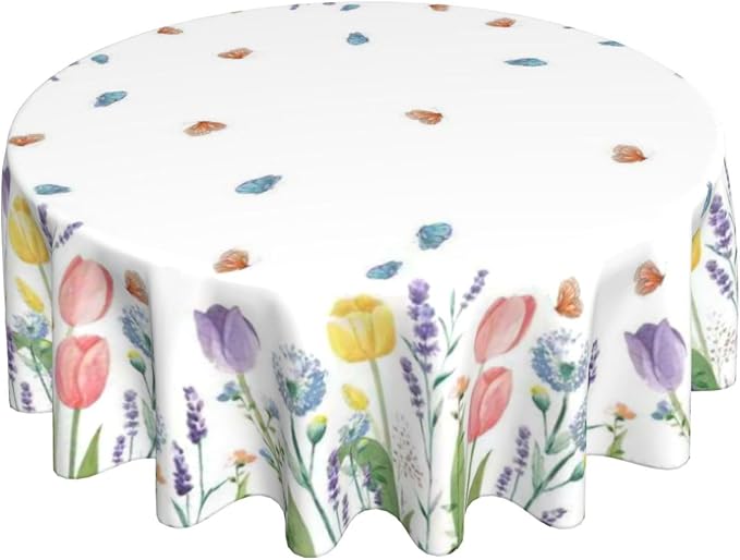 Spring Floral Round Tablecloth 70 Inch, Tulip Lavender Flower Decorative by Sunshineyan