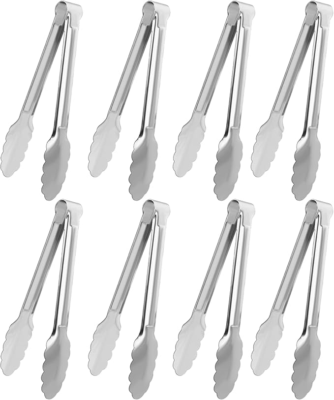 Tongs, 9 Inch Stainless Steel, Silver, 8-Pack Set