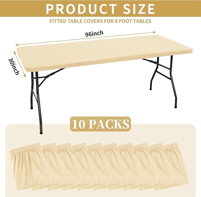 10 Pack Fitted Tablecloth for 8 Foot Rectangle Tables, Washable Stretch Folding - Image 2