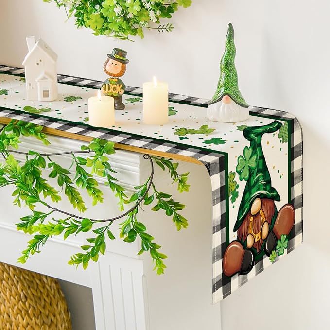Artoid Mode Buffalo Plaid Shamrock Gnome St. Patrick's Day Table Runner - Image 7