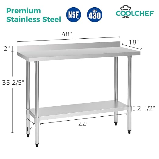 Stainless Steel Work Table 18 x 48 Inch, NSF Commercial Prep Table - Image 2