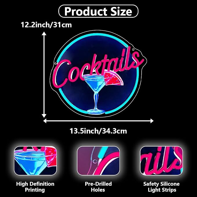 Cocktails Neon Signs for Wall Decor, UV Print Cocktails Glass LED Neon Light Up - Image 4