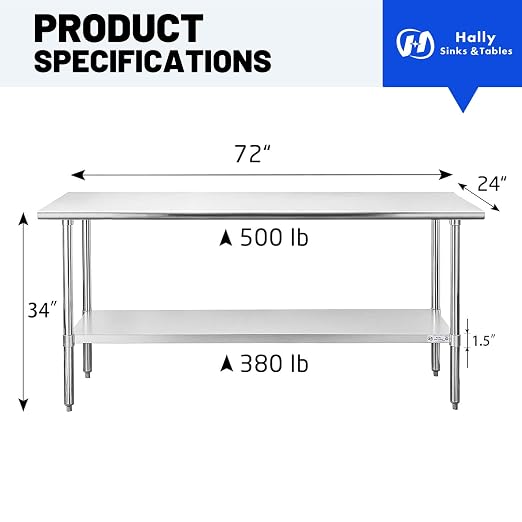 Hally Stainless Steel Table for Prep & Work 24 x 72 Inches, NSF Commercial - Image 3