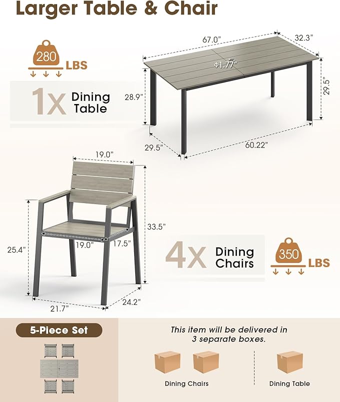 Outdoor Patio Dining set for 4，Aluminum & HDPS 5 Piece Patio Table and Chairs - Image 6