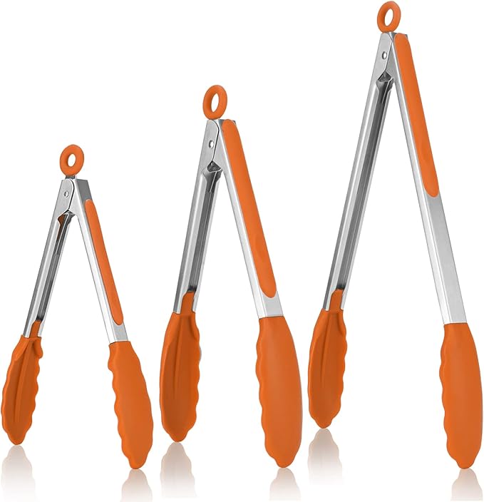 Tongs in Orange with Silicone Tips, 7, 9 and 12 Inch Sizes