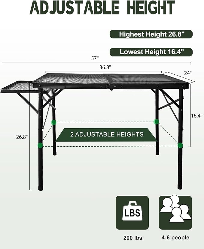 4ft Folding BBQ Table with Wing Plate, Height Adjustable Metal Table with Small - Image 2