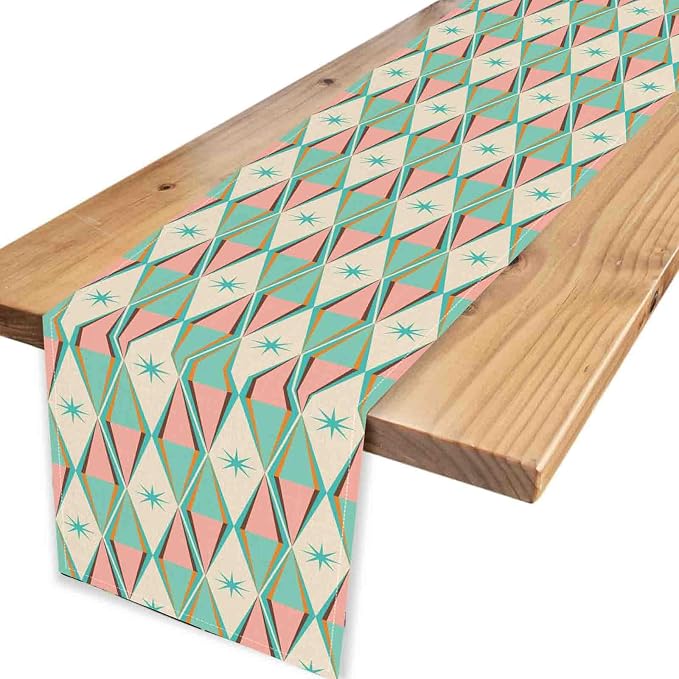 Geometric Table Runner, Retro Mid Century 1950s Modern Abstract Teal Pink - Image 4