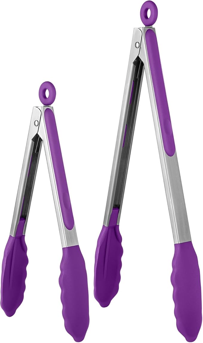 Tongs with Silicone Tips, Locking Stainless Steel, Purple