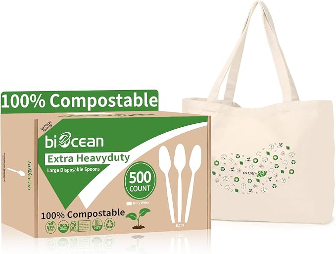 Extra Heavyduty Compostable Spoons Disposable Cutlery No Plastic Spoons Large by Biocean