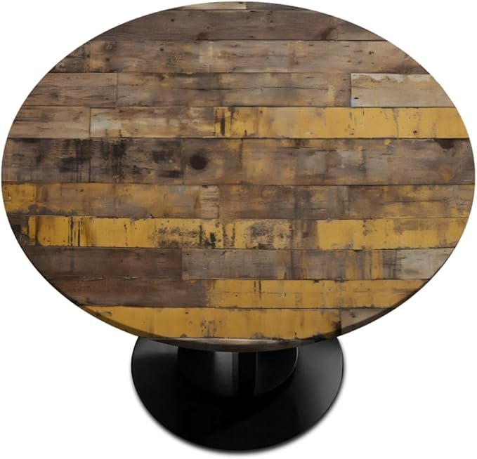 Brown Wooden Planks Retro Round Table Cloth Cover, Elastic Edge Waterproof by ModaQua