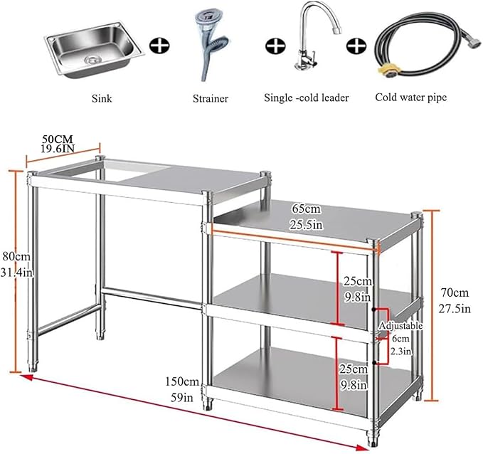 Free Standing Utility Sink, Stainless Steel Kitchen Baker Rack Shelf, Single - Image 7