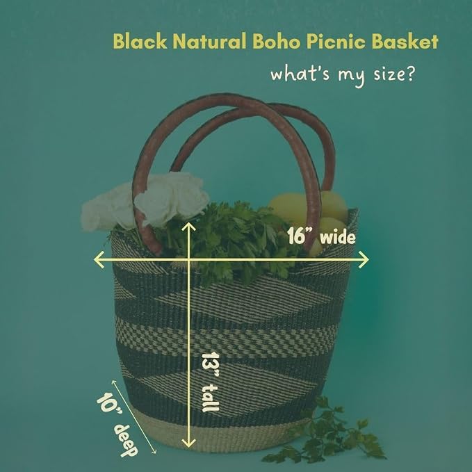 Black Natural Picnic Basket, Reusable Grocery Bag, Kitchen & Dining Storage - Image 2