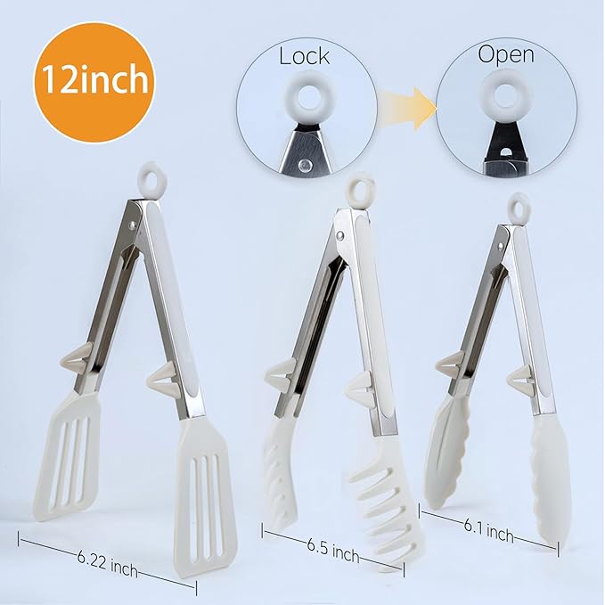 Silicone Tip Tongs Set of 3, 12-Inch Stainless Steel, White