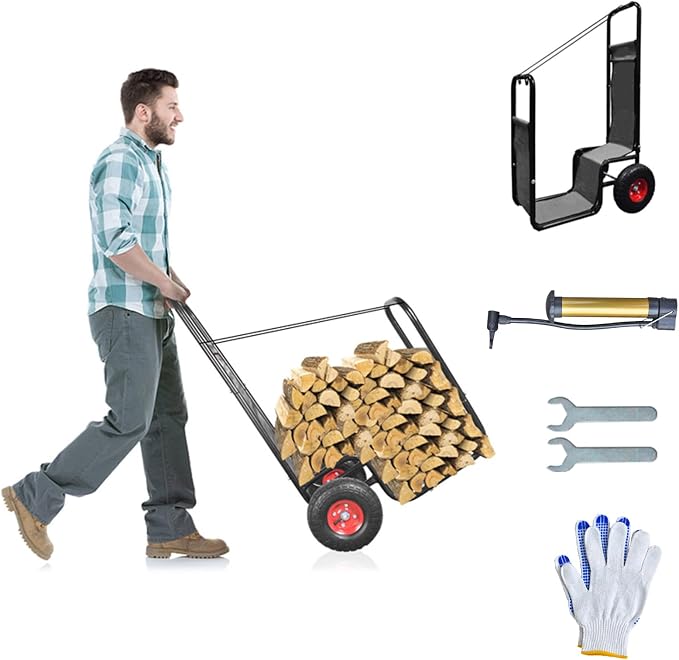 Firewood Cart with Pneumatic Wheel: 44 X 27 X 20 in Heavy Duty 220 lbs Load by KAIDIDAGOLFNETS