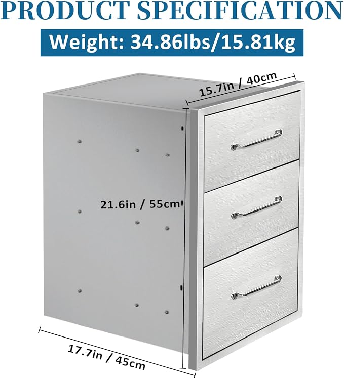 Outdoor Kitchen Drawers 15.7"Wx21.6"Hx17.7"D Flush Mount Access 3-Drawer BBQ - Image 2