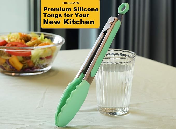 Tongs, Silicone-Tipped 9-Inch Stainless Steel Grill Tongs, Mint, 3-Pack