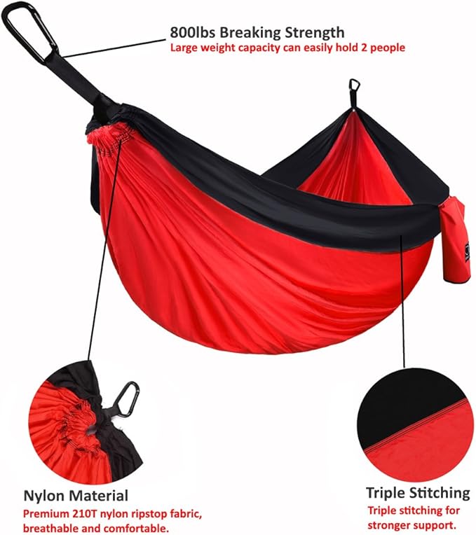 Double Camping Hammock, Extra Large Parachute Nylon in Red and Black