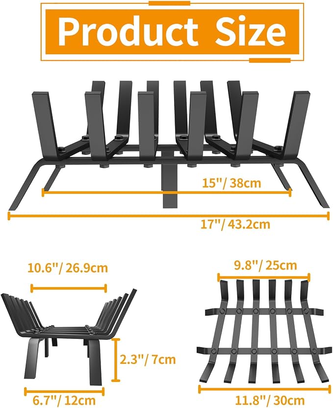 Heavy Duty 17Inch Fireplace Grate, Solid Steel Log Rack - Image 2