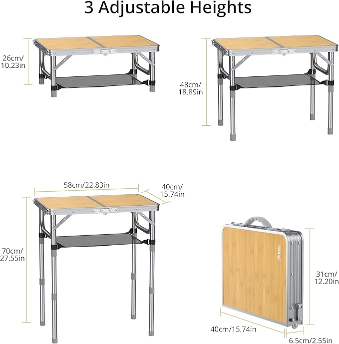 Anbte 2ft Camping Table Foldable, 3 Adjustable Heights High 27.5" Aluminum - Image 3