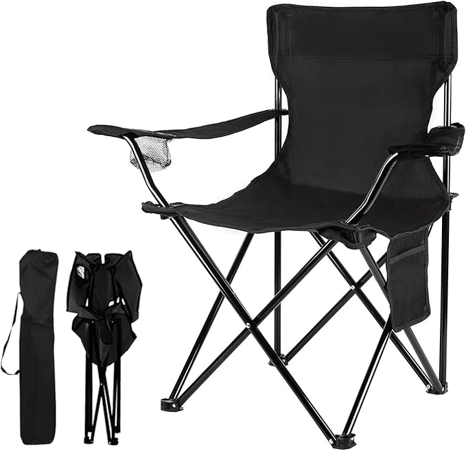 Black Folding Camping Chair, 4 lb Lightweight with Carry Bag