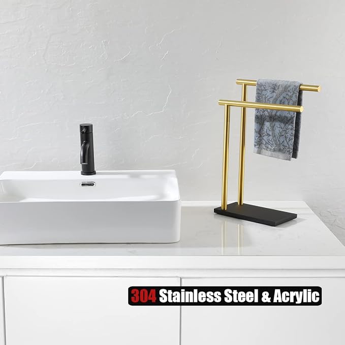 JQK Hand Towel Holder Stand Brushed Gold, Modern Tree Rack Free Standing - Image 3