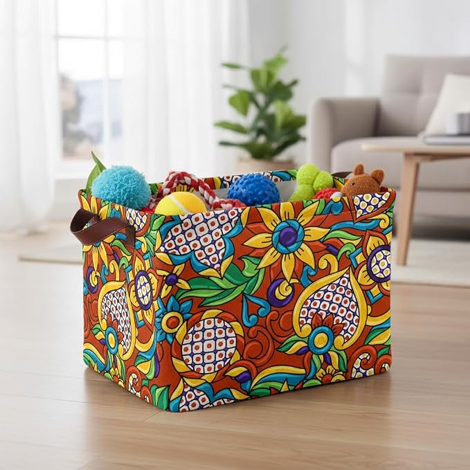 Mexican Talavera Storage Basket Waterproof Canvas Toy Storage Bin Mexican Decor - Image 5