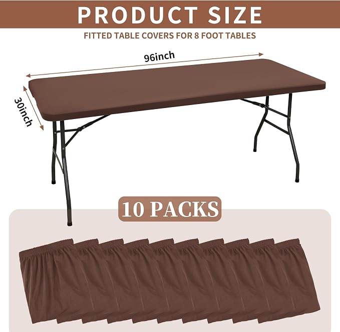 10 Pack Fitted Tablecloth for 8 Foot Rectangle Tables, Coffee Elastic Outdoor - Image 2