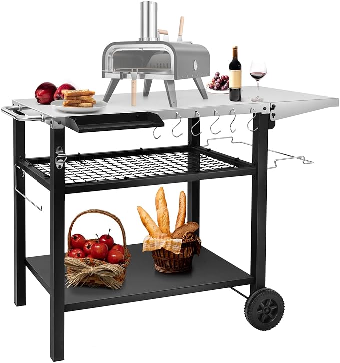 EDOSTORY Outdoor Grill Cart Pizza Oven Stand, Three-Shelf Stainless Steel Food by EDOSTORY