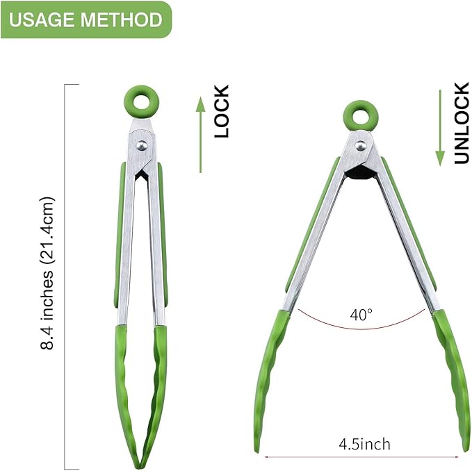 Serving Tongs Set of 3, 7-Inch Silicone Head Stainless Steel, Green