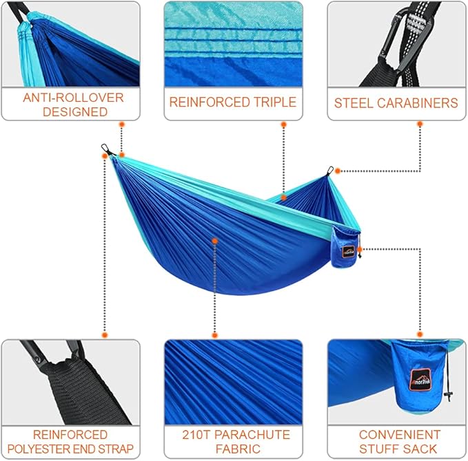 Hammock with 210T Parachute Nylon, 500 lb Capacity and Steel Carabiners