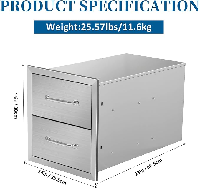 Outdoor Kitchen Drawers 14"Wx15"Hx23"D Flush Mount Access 2-Drawer BBQ - Image 2