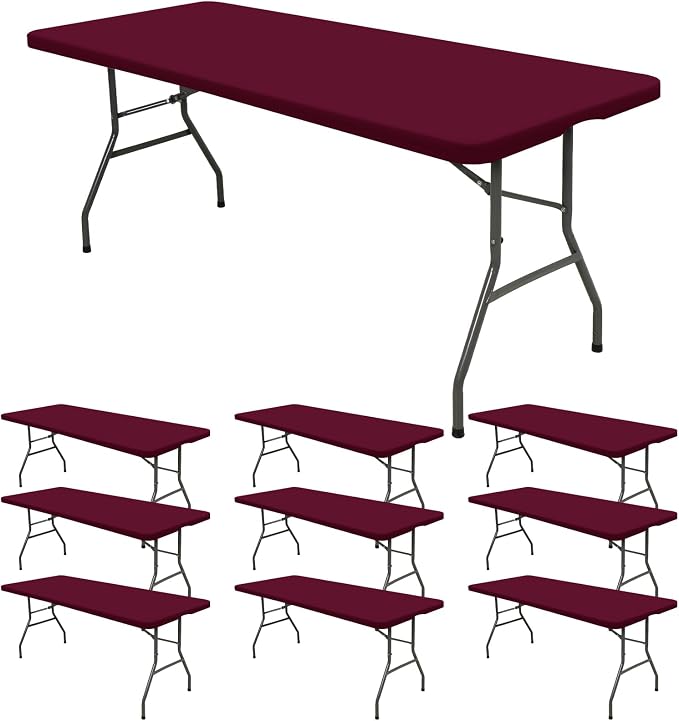10 Pack Fitted Tablecloth for 8 Foot Rectangle Tables, Wine Red Elastic Outdoor by REWOMC