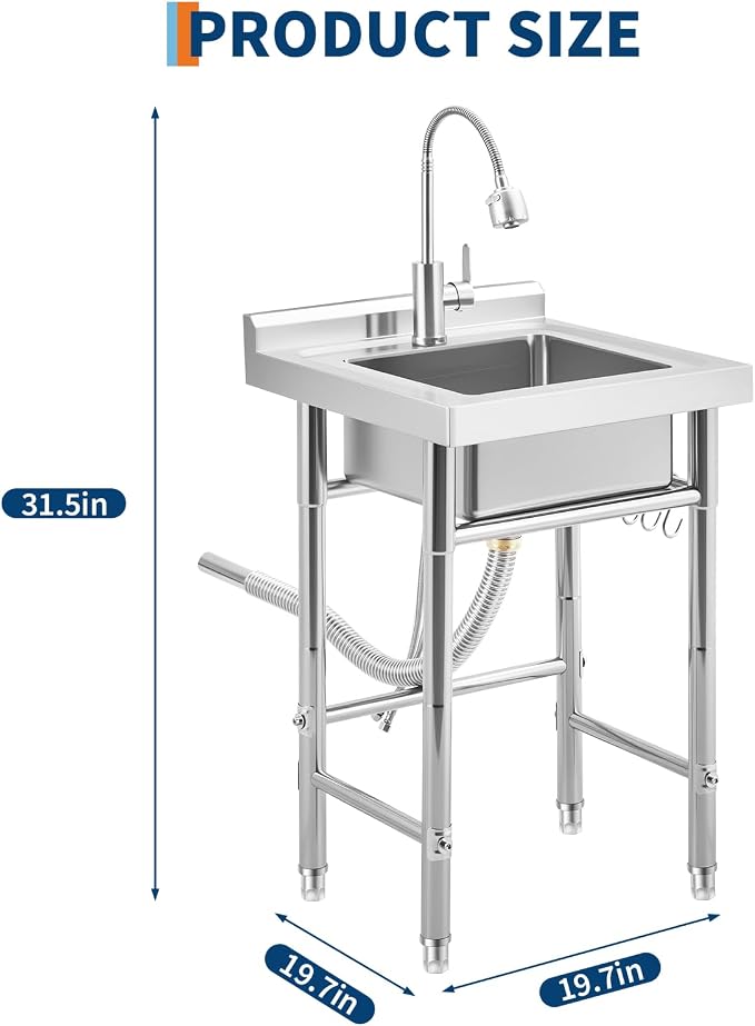 Stainless Steel Utility Sink, Free Standing Single Bowl Kitchen Sink, - Image 2