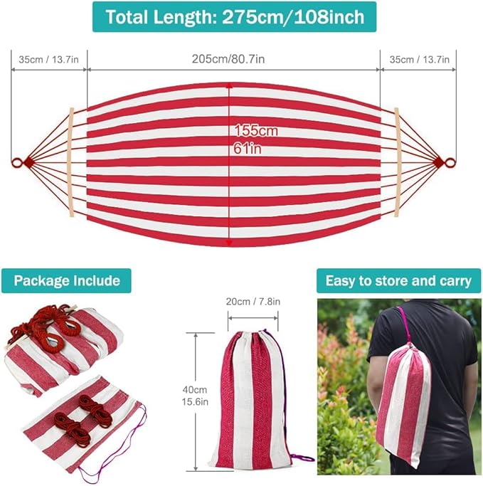 Camping Hammock, 320G Canvas, 550 lb Capacity, Red and White
