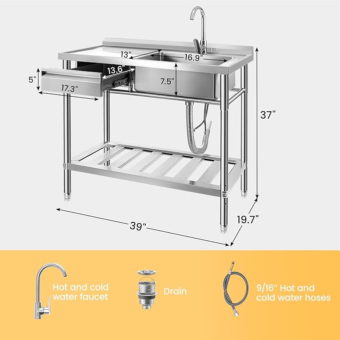 Stainless Steel Utility Sink, Cold and Hot Water Pipe, Indoor and Outdoor - Image 3