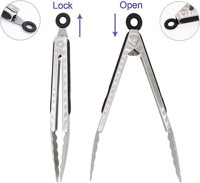 Tongs: Black 304 Stainless Steel with Locking Clip and Non-Slip Grip