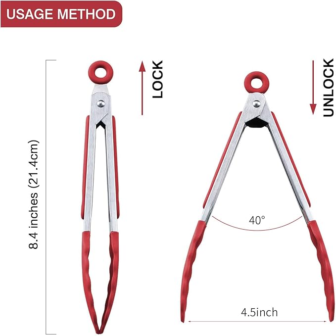 Tongs, 7-Inch Red Silicone Mini Serving Set, Pack of 3