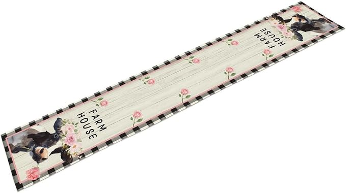 Cow Farmhouse Table Runner, Rustic Black White Plaid Buffalo Animals Flower - Image 6