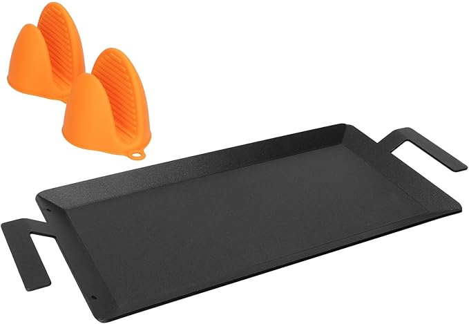 Griddle, Black Carbon Steel, 24 x 10.5 Inch with Heat-Resistant Gloves