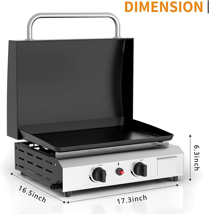 2 Burner BBQ Gas Griddle with Hood, 17.3 Inch Stainless Steel Portable - Image 6