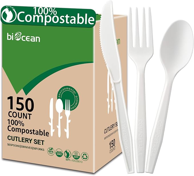 100%Compostable No Plastic Knives Disposable Forks Spoons Plastic Utensils by Biocean