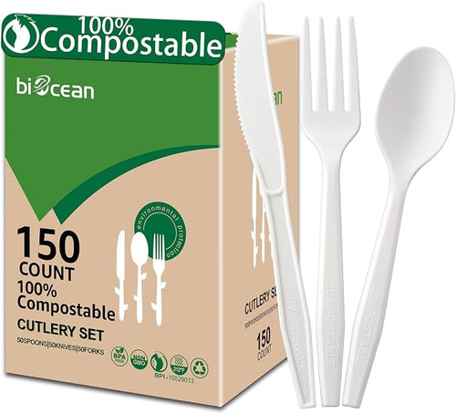100%Compostable No Plastic Knives Disposable Forks Spoons Plastic Utensils by Biocean