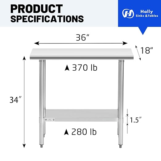 Hally Stainless Steel Table for Prep & Work 18 x 36 Inches, NSF Commercial - Image 3