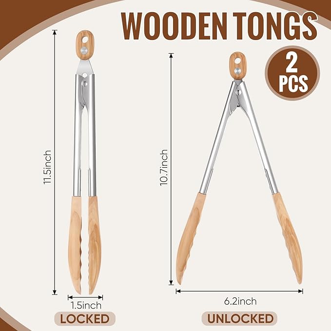 Tongs in Olive Wood and Stainless Steel, 2-Pack, 11.4-Inch Locking