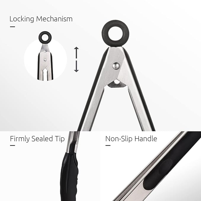 Tongs with Stainless Steel Handles and Silicone Tips, 7 to 12 Inch, Black