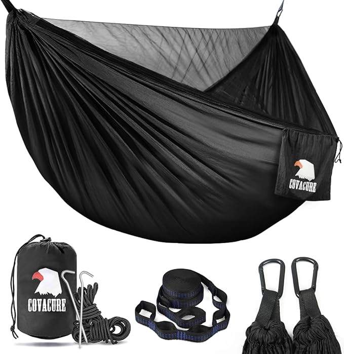 Double Hammock with Bug Net, Black 210T Nylon, 772 lb Capacity