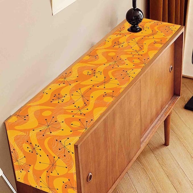70s Table Runner, Retro Orange Wave Mid Century Atomic Print Abstract Hippie - Image 3