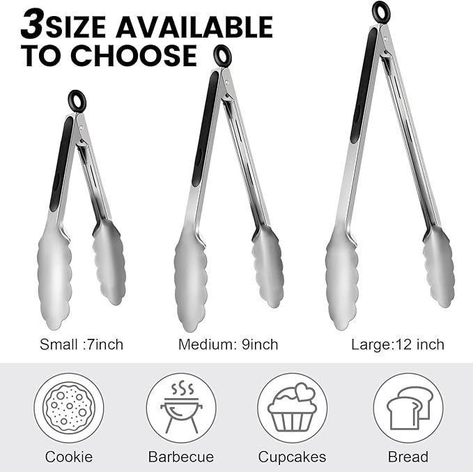 Kitchen Tongs 12-Piece Set, Stainless Steel, 7, 9 and 12 Inch