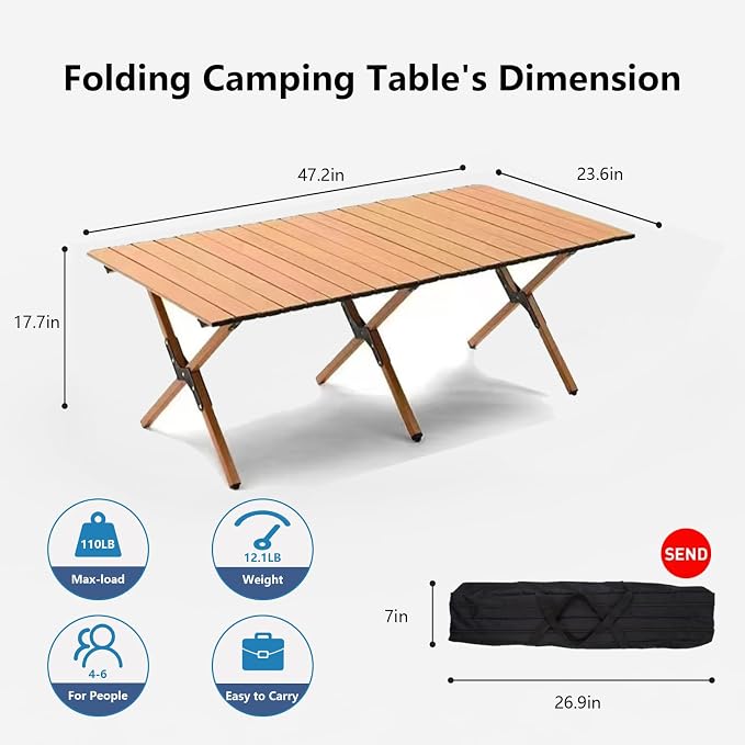 Folding Camping Table, 48Inch Lightweight Roll-Up Table Aluminum Low Portable - Image 2